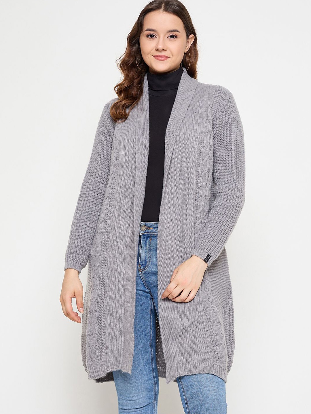 

CREATIVE LINE Cable Knit Self Design Longline Woollen Open Front Shrug, Grey