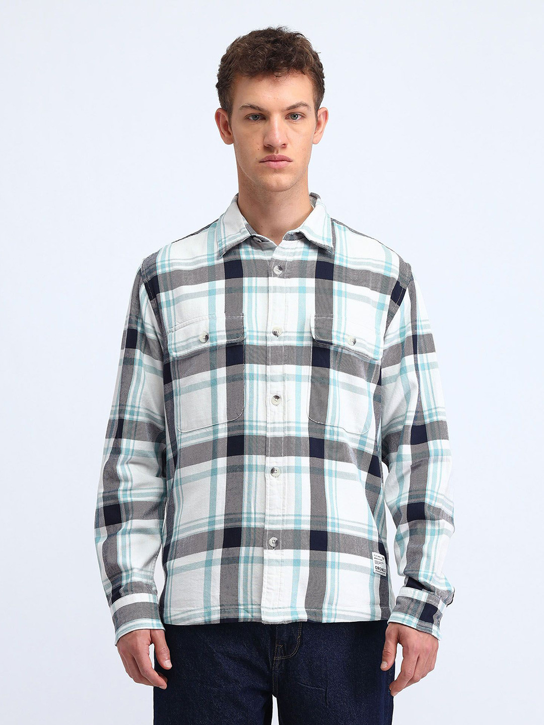 

Flying Machine Men Classic Spread Collar Tartan Checked Cotton Casual Shirt, White