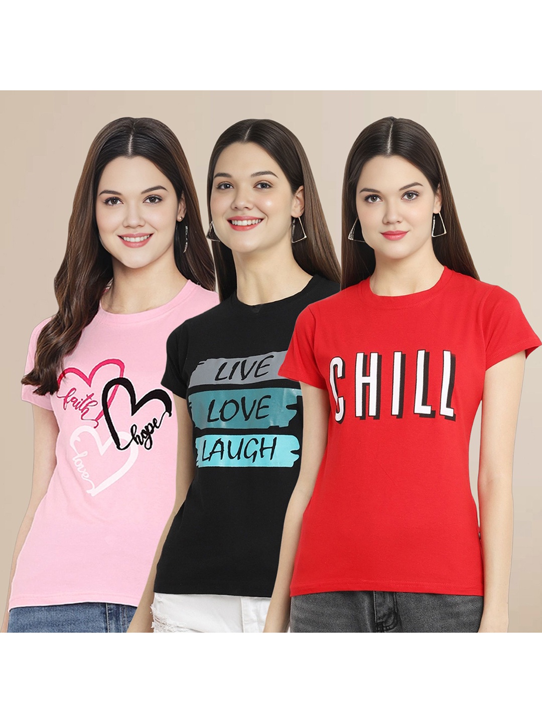 

Metronaut Women Pack Of 3 Typography Printed Round Neck Cotton T-shirts, Pink