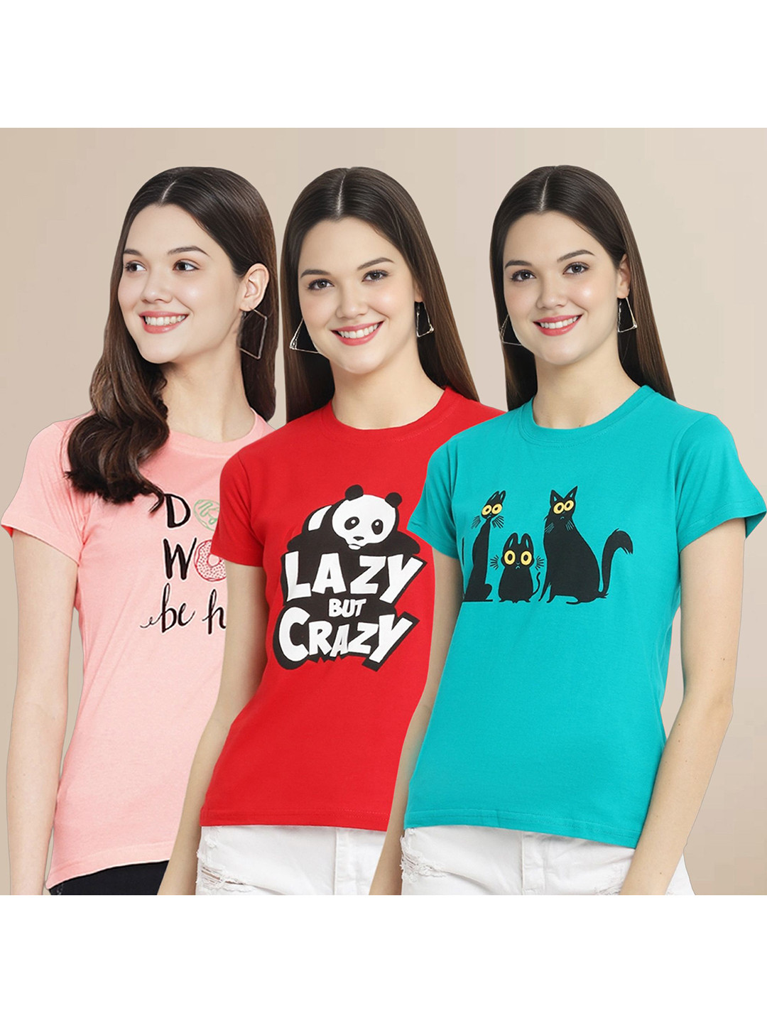 

Metronaut Women Pack Of 3 Typography Printed Round Neck Cotton T-shirts, Peach