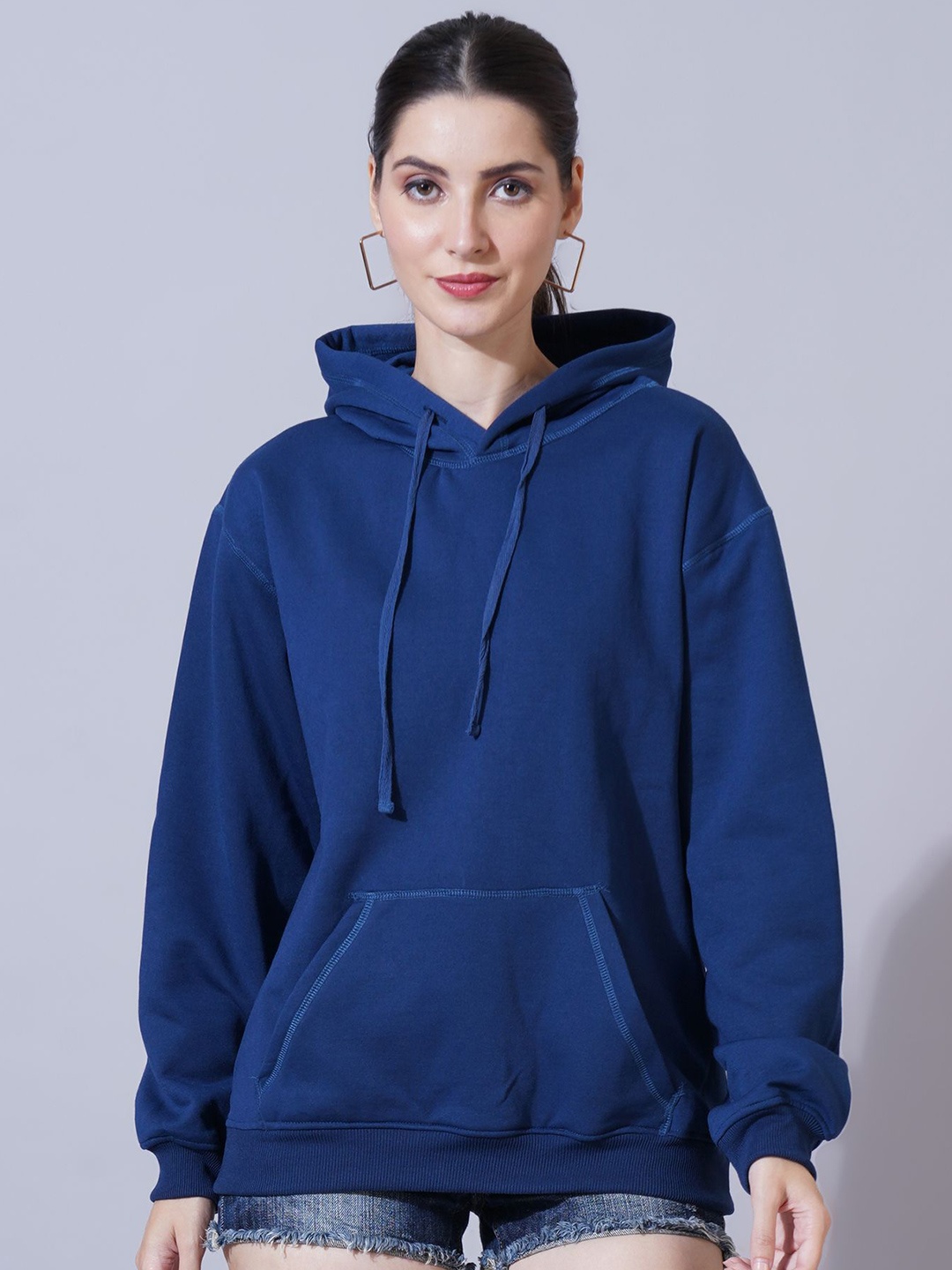 

U&F Women Cotton Hooded Long Sleeves Pullover Sweatshirt, Navy blue