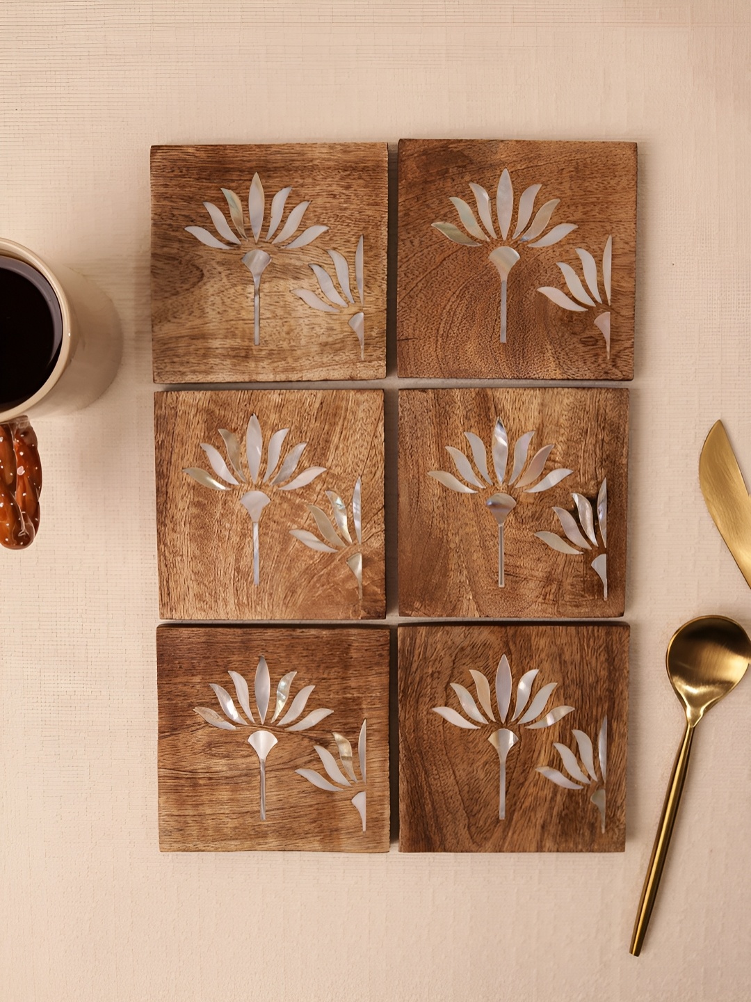 

Glimpse Homes 6 Pieces Square Wooden Coasters With Mother of Pearl Inlay, Brown