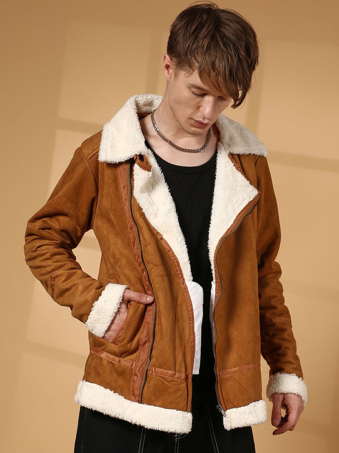 

Campus Sutra Men Lapel Collar Solid Casual Bomber Jacket, Brown