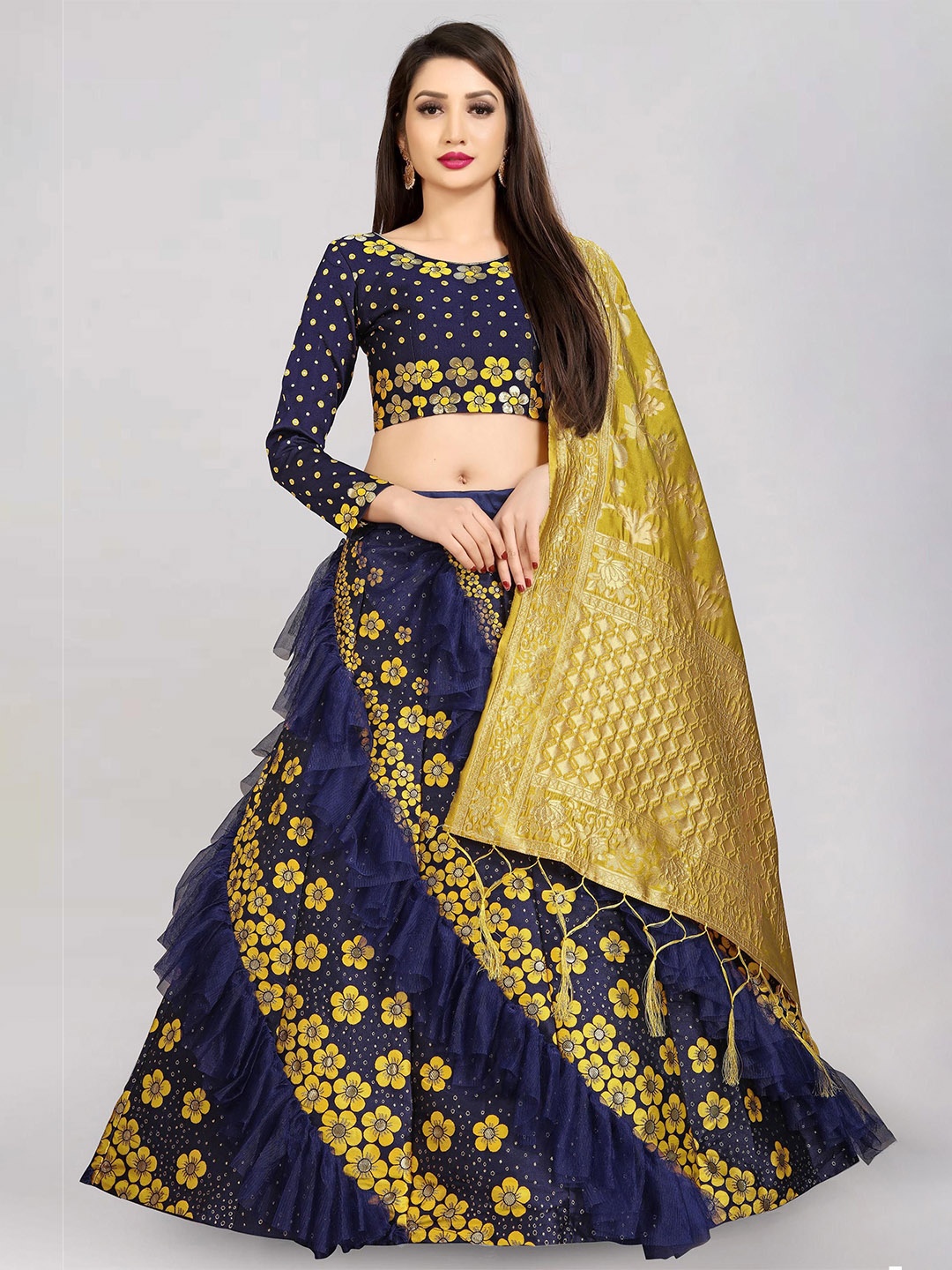 

Fabcartz Embroidered Thread Work Semi-Stitched Lehenga & Unstitched Blouse With Dupatta, Yellow