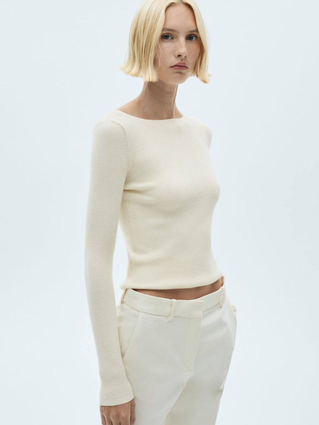 

MANGO Ribbed Full Sleeve Pullover, Cream