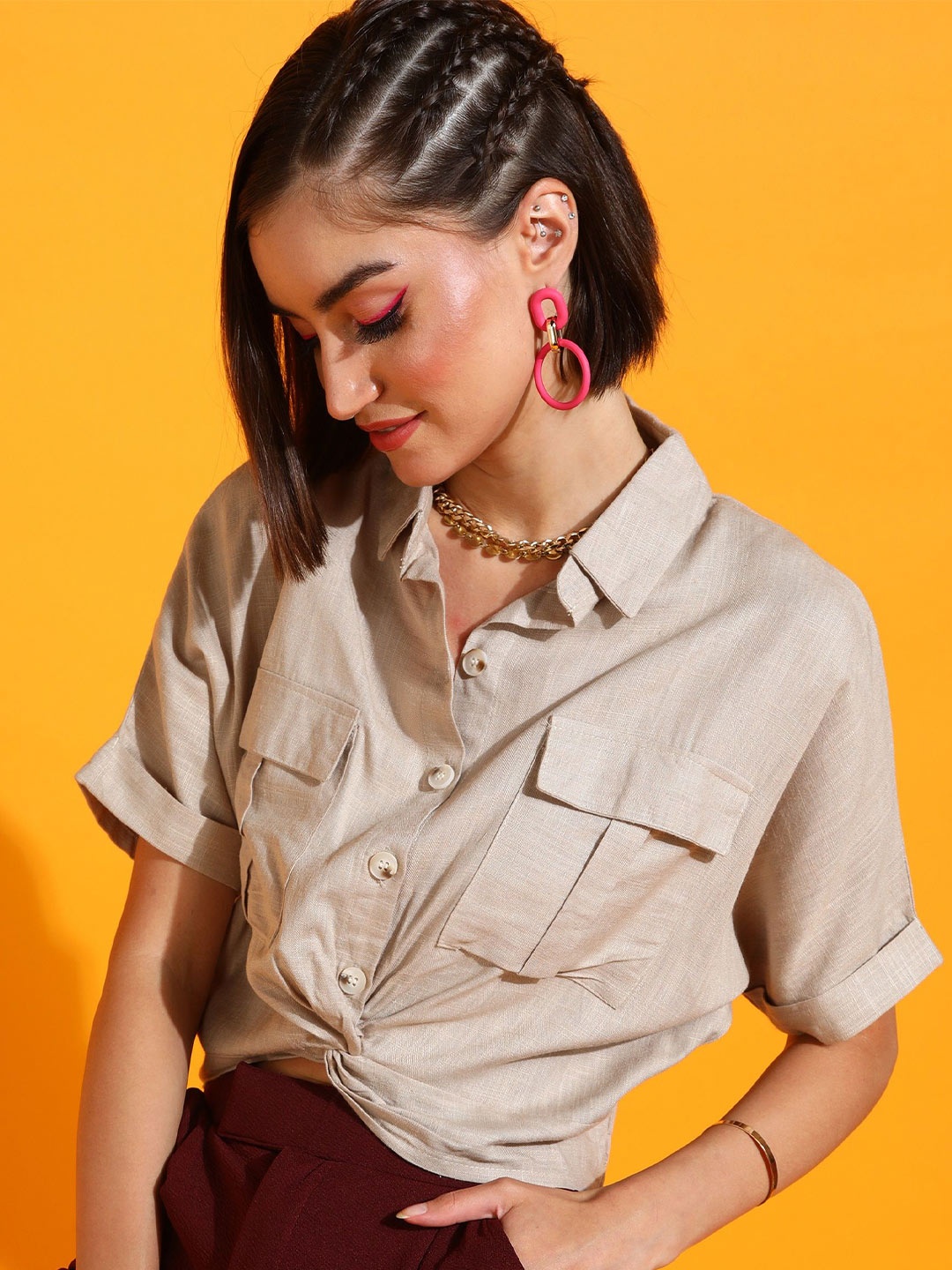 

SHECZZAR Women Spread Collar Solid Cotton Casual Shirt, Beige