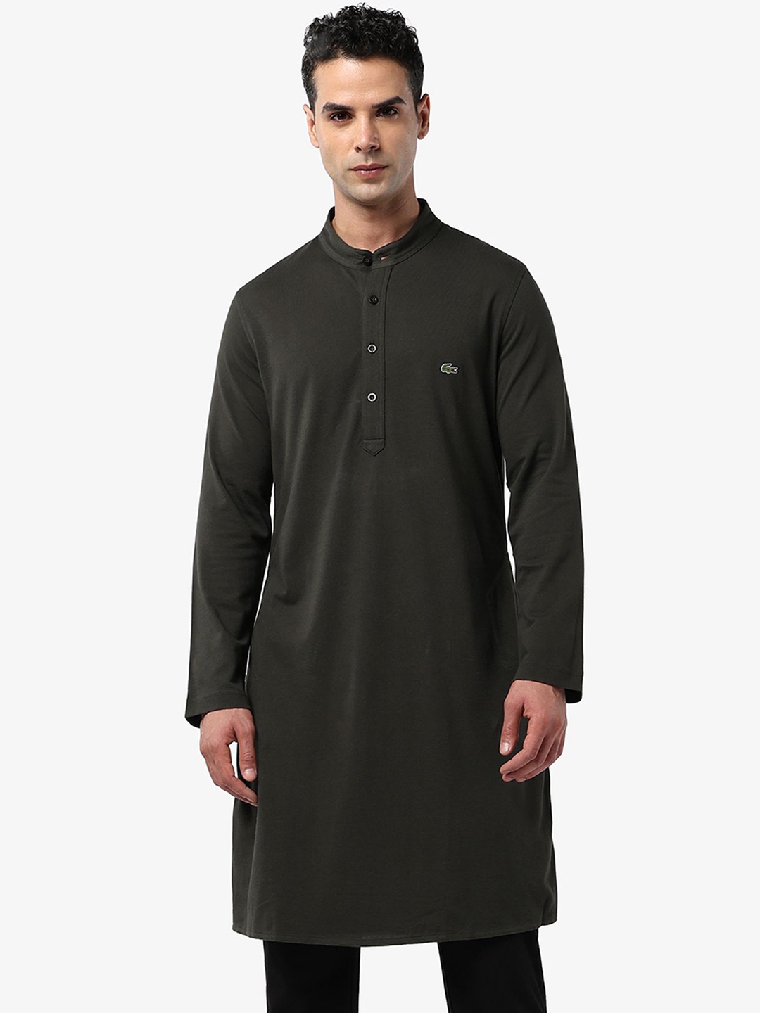 

Lacoste Mandarin Collar Long Sleeves Pure Cotton Slim Fit Straight Kurta, Green