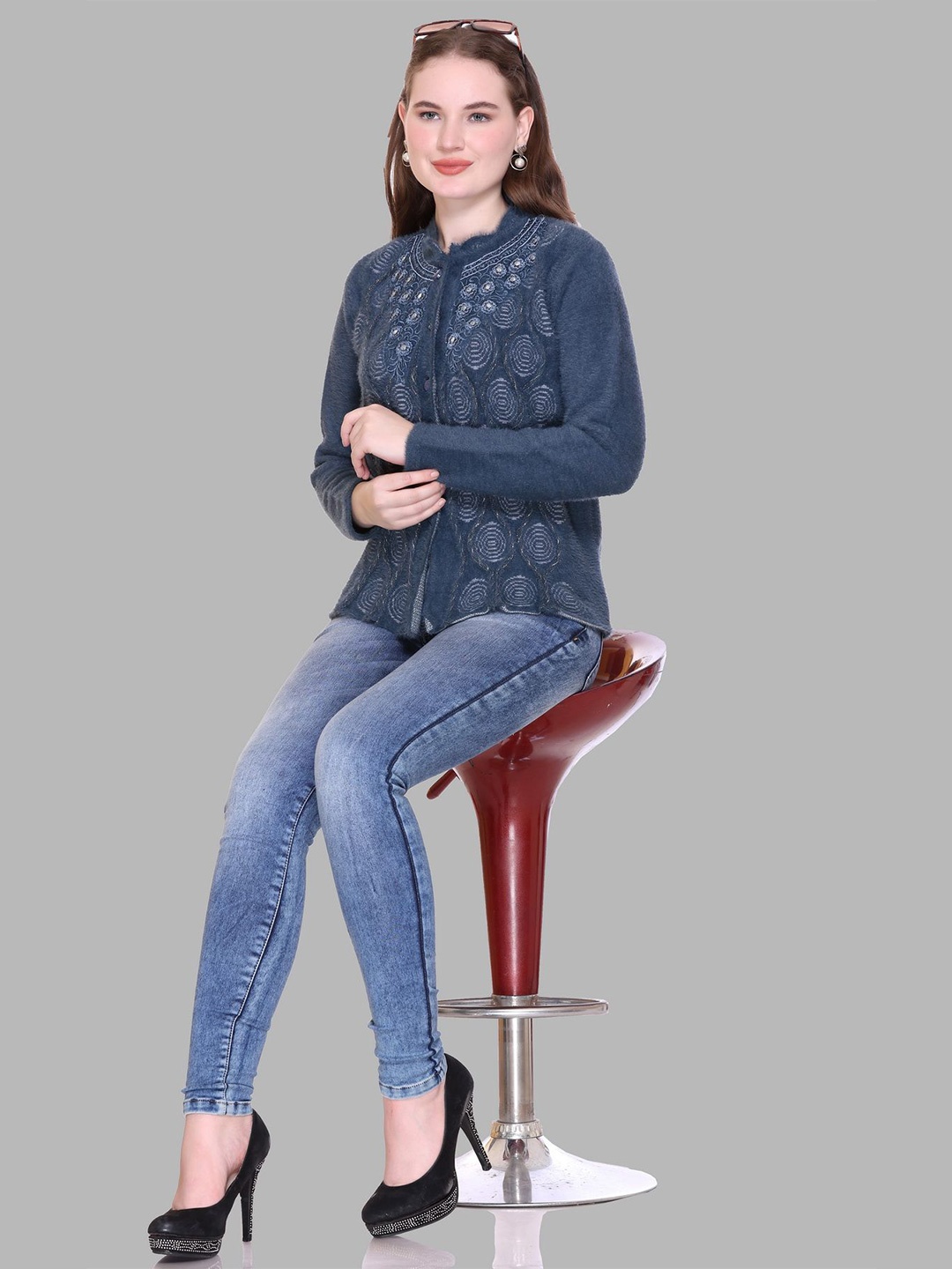 

Gouri Women Embroidered Woollen Cardigan, Blue