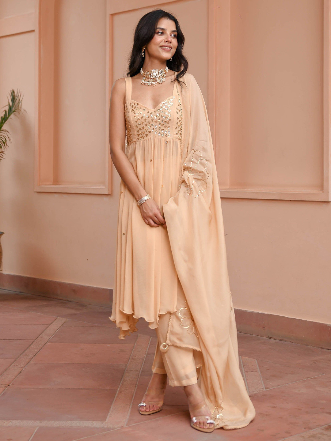 

Bunaai Floral Yoke Design Sequinned Anarkali Kurta With Trousers & Dupatta, Cream