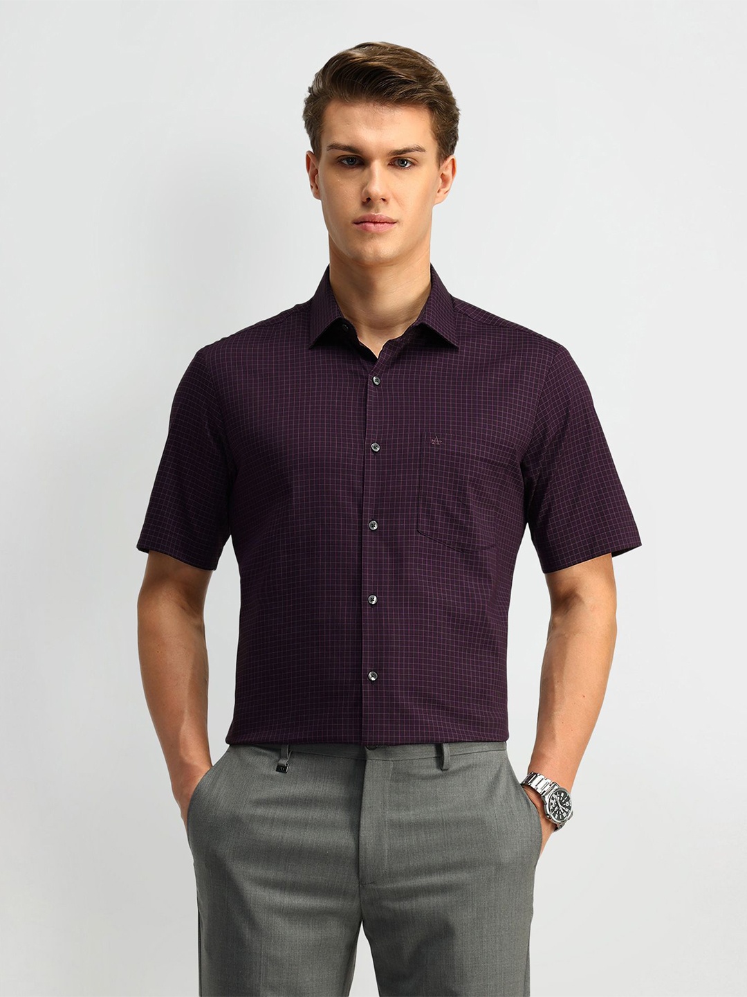 

Arrow Men Classic Spread Collar Gingham Checked Cotton Formal Shirt, Purple