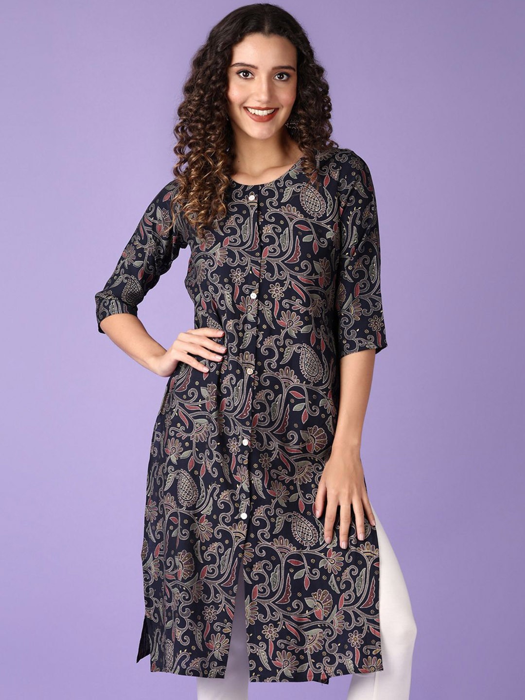 

V-Mart Floral Printed Round Neck Three-Quarter Sleeves Regular Straight Kurta, Navy blue