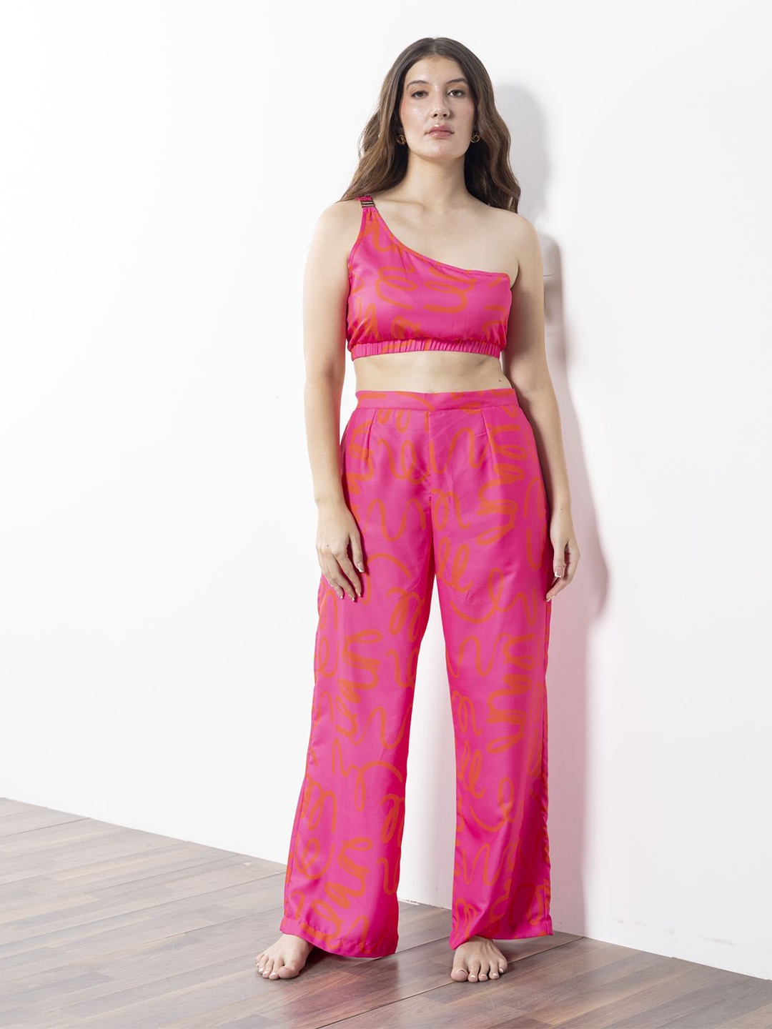 

Erotissch Women Printed One Shoulder Beachwear Co-Ord Set, Pink