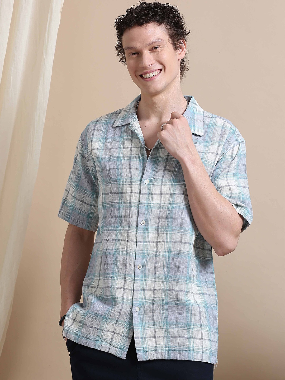 

HOUSE OF MAHNOTS Men Relaxed Cuban Collar Tartan Checked Linen Oversized Casual Shirt, Blue