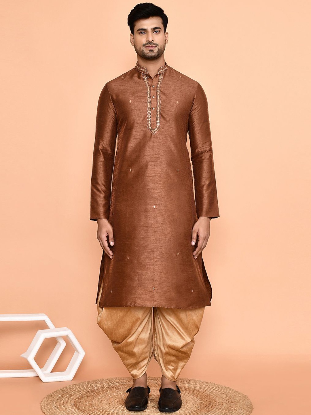 

Arihant Rai Sinha Mandarin Collar Regular Mirror Work Dupion Silk Kurta With Patiala, Brown