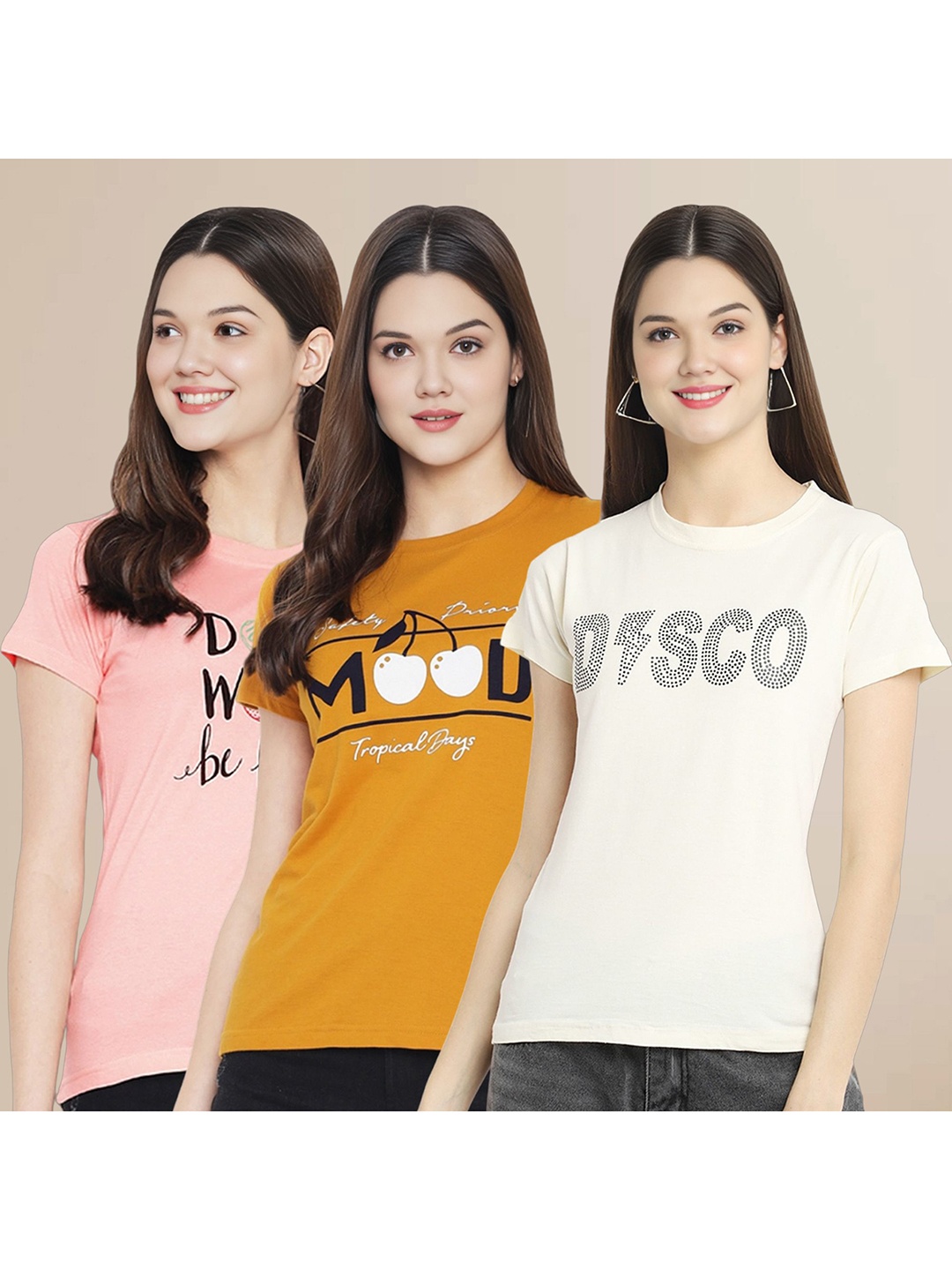 

Metronaut Women Pack Of 3 Typography Printed Round Neck Cotton T-shirts, Peach