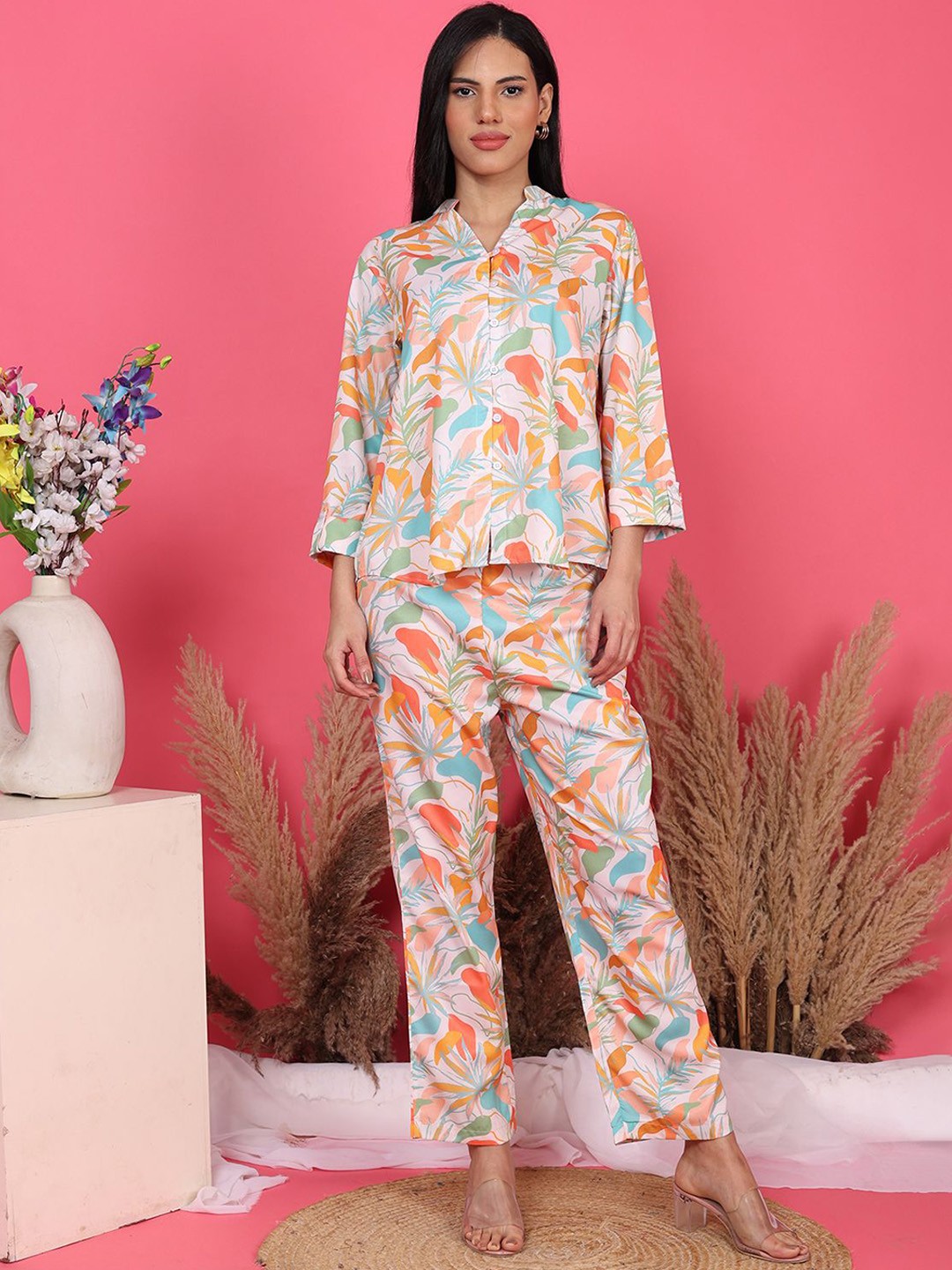 

BAESD Mandarin Collar Printed Shirt With Trousers, White