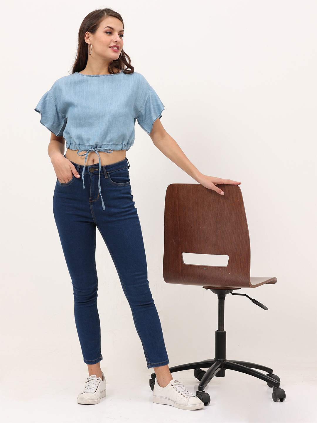 

URBAN POCHE Women Puff Sleeve Cotton Crop Top, Blue