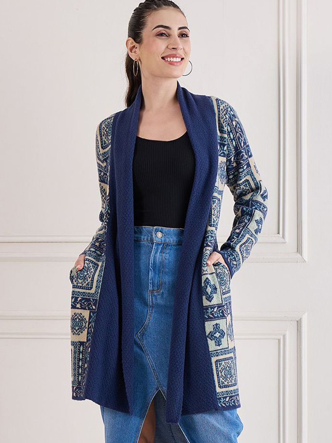 

CREATIVE LINE Ethnic Motfis Self Desgin Longline Woollen Open Front Shrug, Navy blue