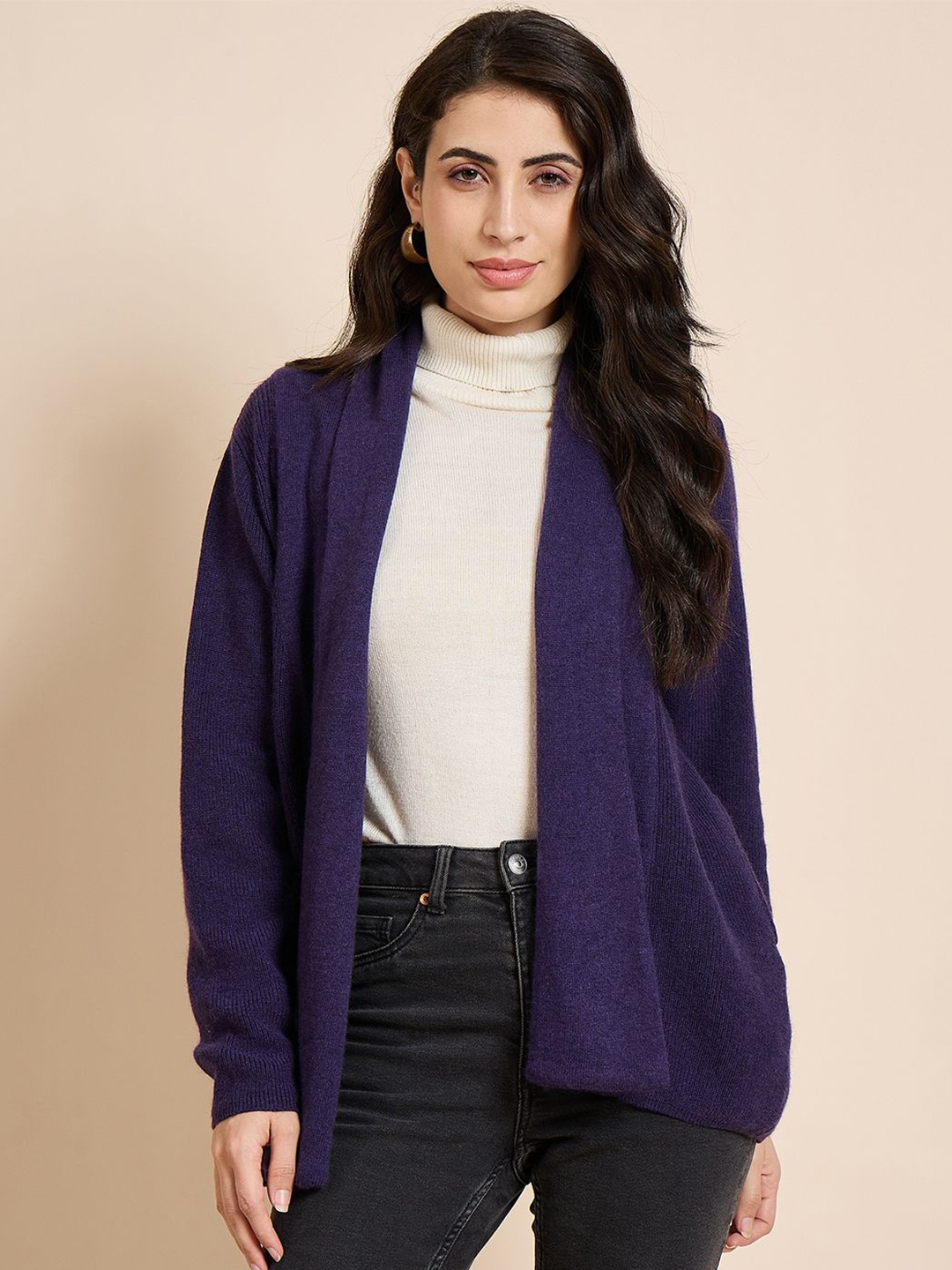 

CREATIVE LINE Self Desgin Woollen Open Front Shrug, Purple
