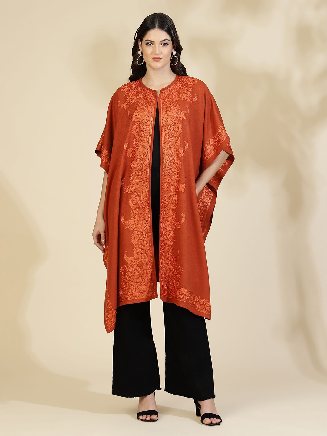 

Zamour Floral Kashmiri Embroidered Open Front Pheran Shrug, Rust