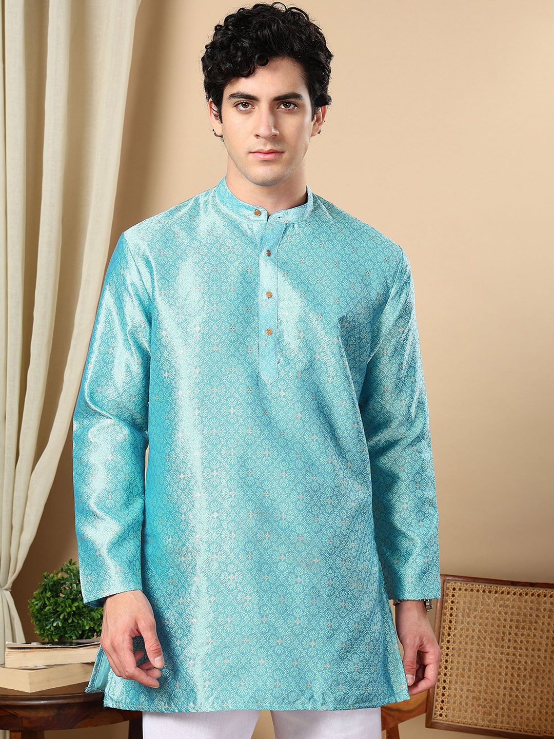 

TATTVA Floral Woven Design Band Collar Straight Short Kurta, Turquoise blue