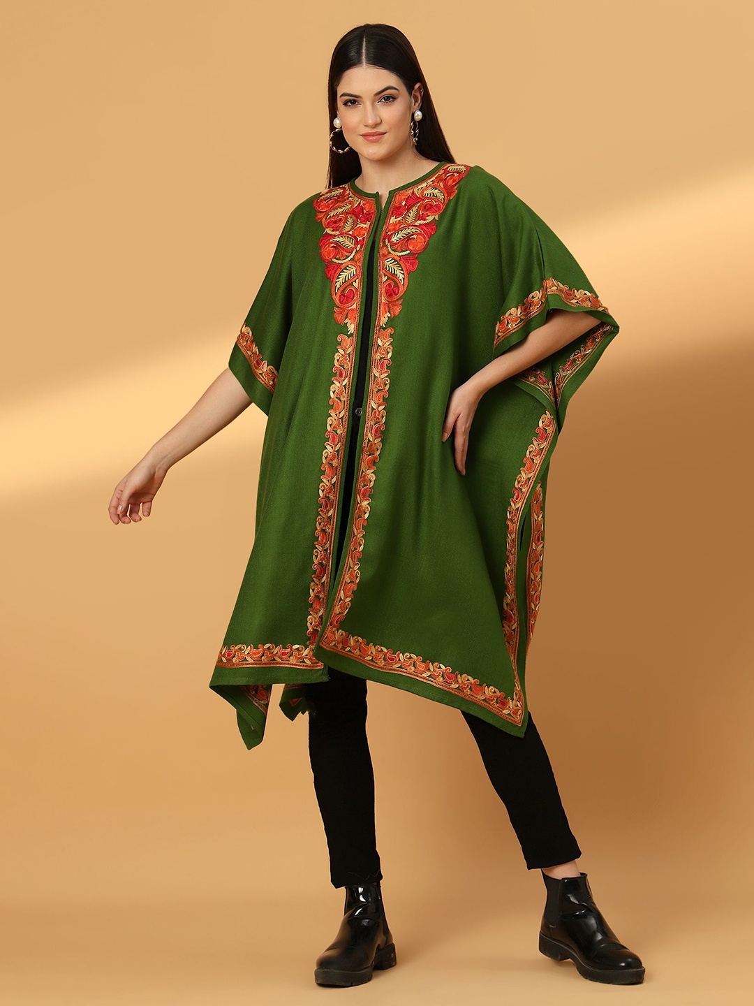 

Zamour Paisley Kashmiri Embroidered Open Front Pheran Shrug, Olive