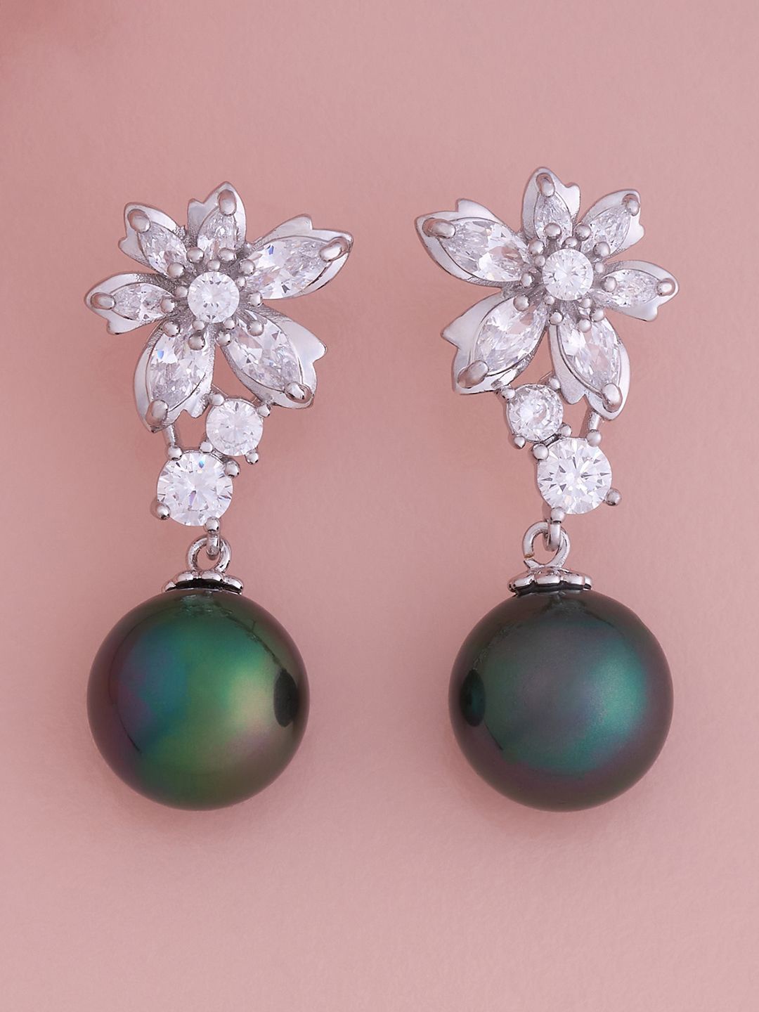 

Kushal's Fashion Jewellery Rhodium-Plated Floral Cubic Zirconia Drop Earrings, Silver