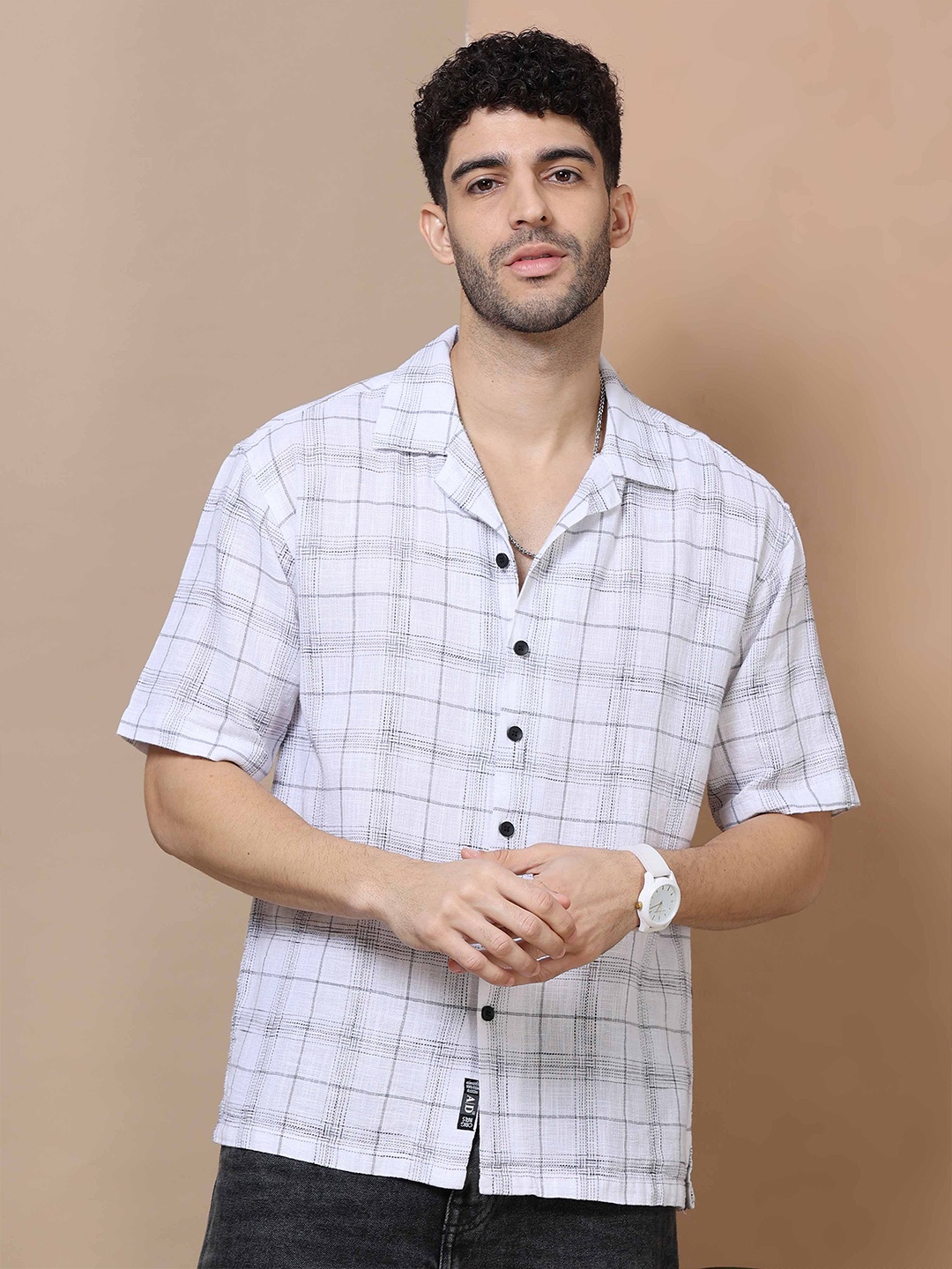 

HOUSE OF MAHNOTS Men Relaxed Cuban Collar Tartan Checked Linen Oversized Casual Shirt, White