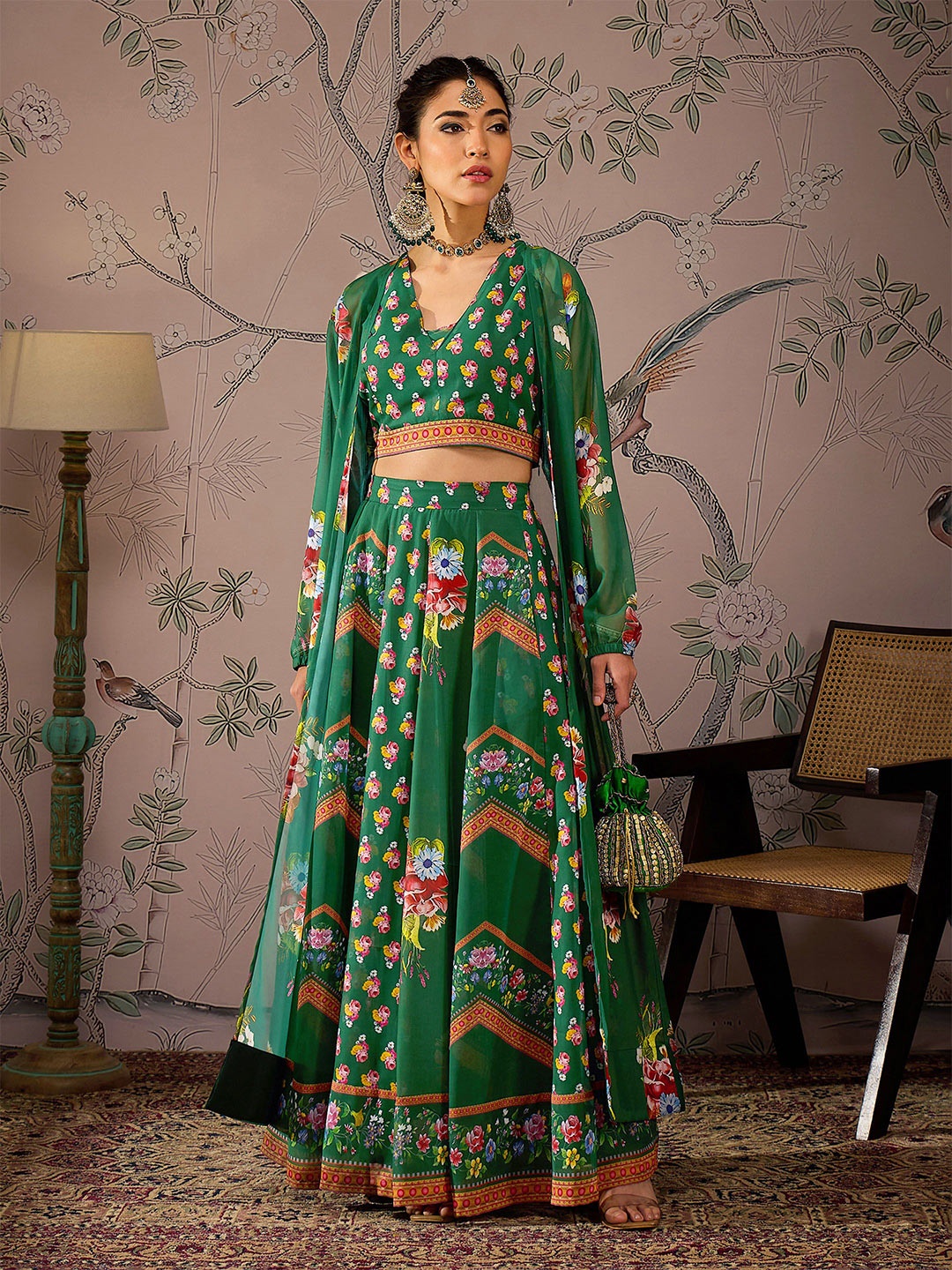 

Shae by SASSAFRAS Floral Printed V-Neck Ruched Crop Top With Anarkali Skirt & Shrug, Green