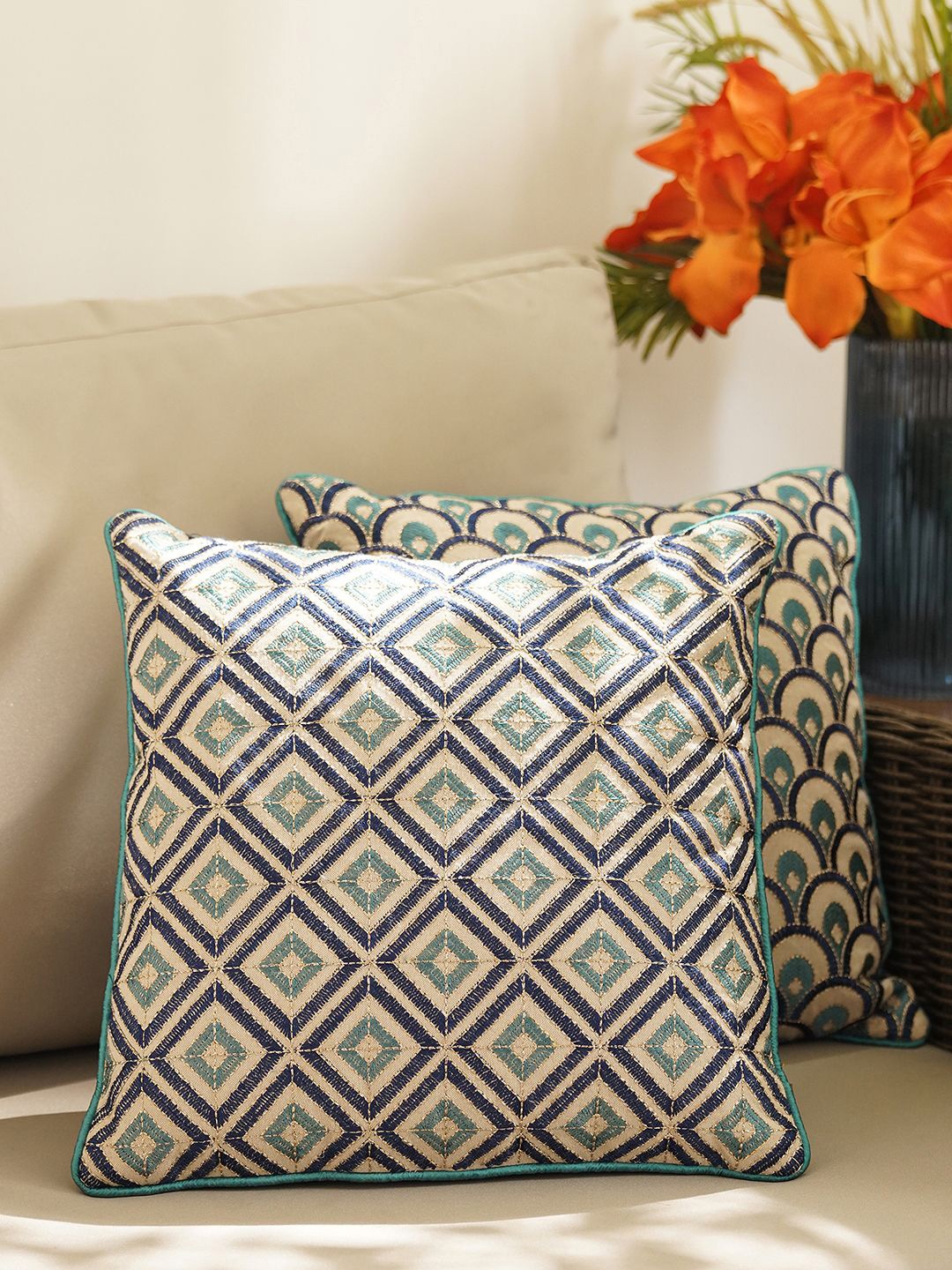 

Pure Home and Living Blue & Green Geometric Printed Cotton Square Cushion Cover