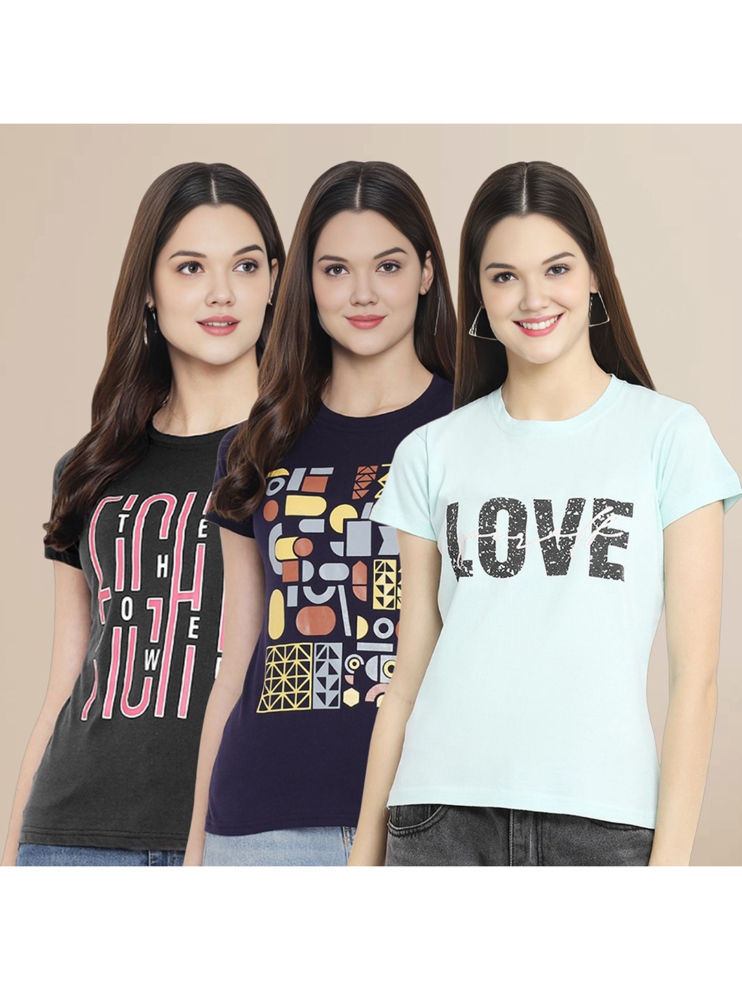 

Metronaut Women Pack Of 3 Typography Printed Round Neck Cotton T-shirts, Black