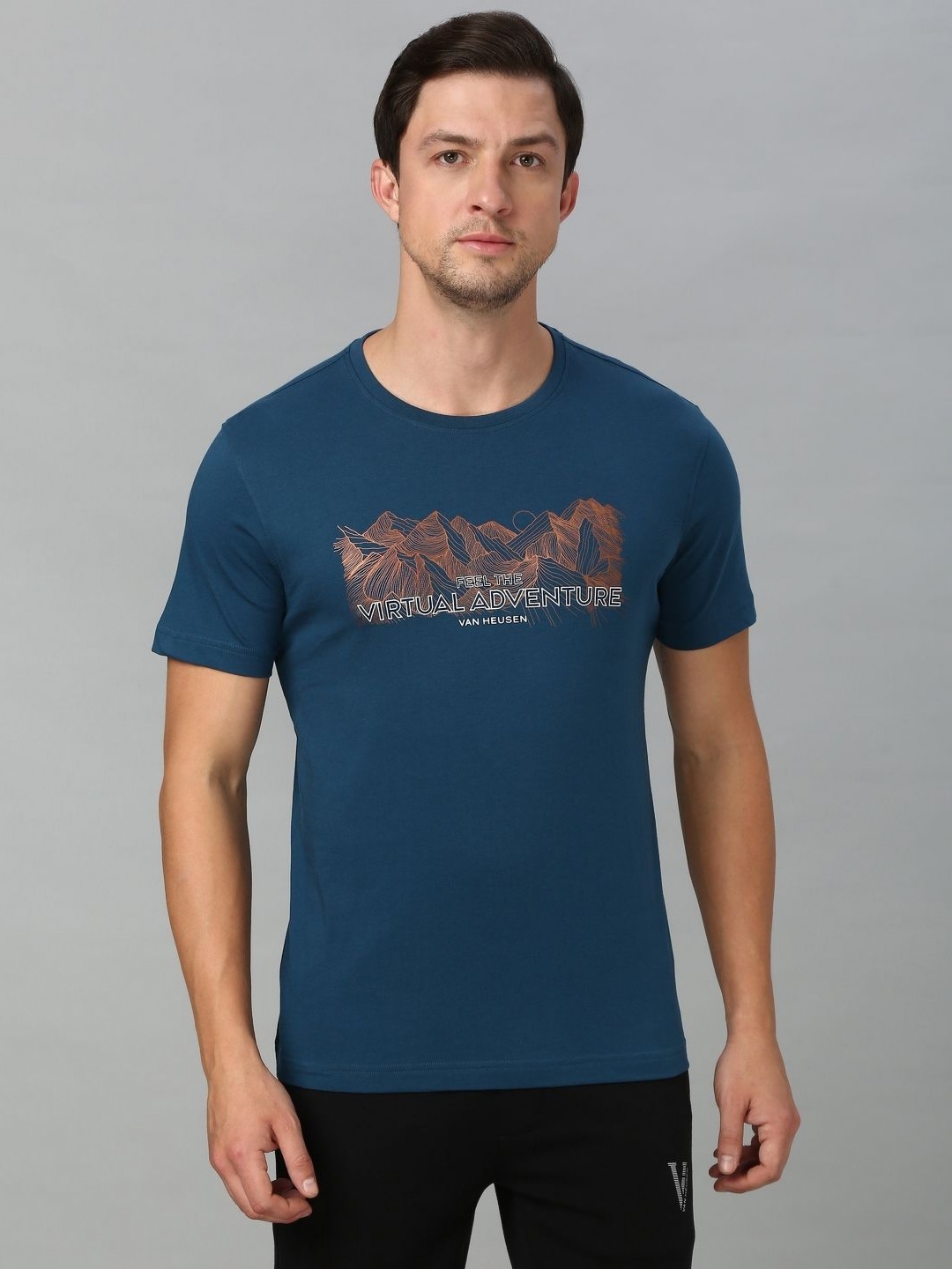 

Van Heusen Men Typography Printed Round Neck Cotton T-shirt, Teal