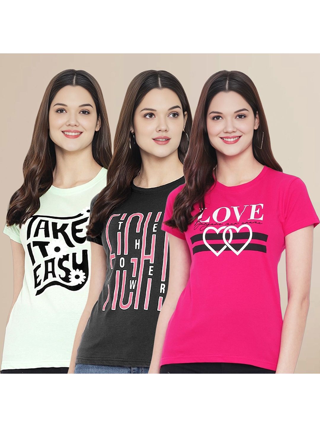 

Metronaut Women Pack Of 3 Typography Printed Round Neck Cotton T-shirts, Black