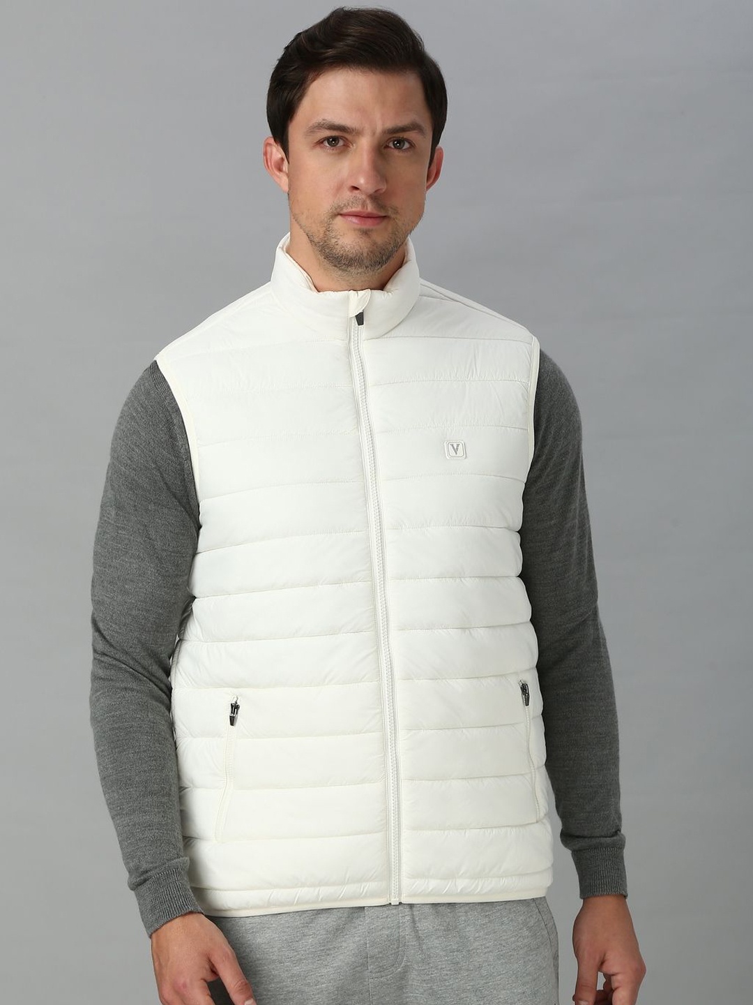 

Van Heusen Athleisure Men Solid High Neck Sleeveless Quilted Jacket, Off white