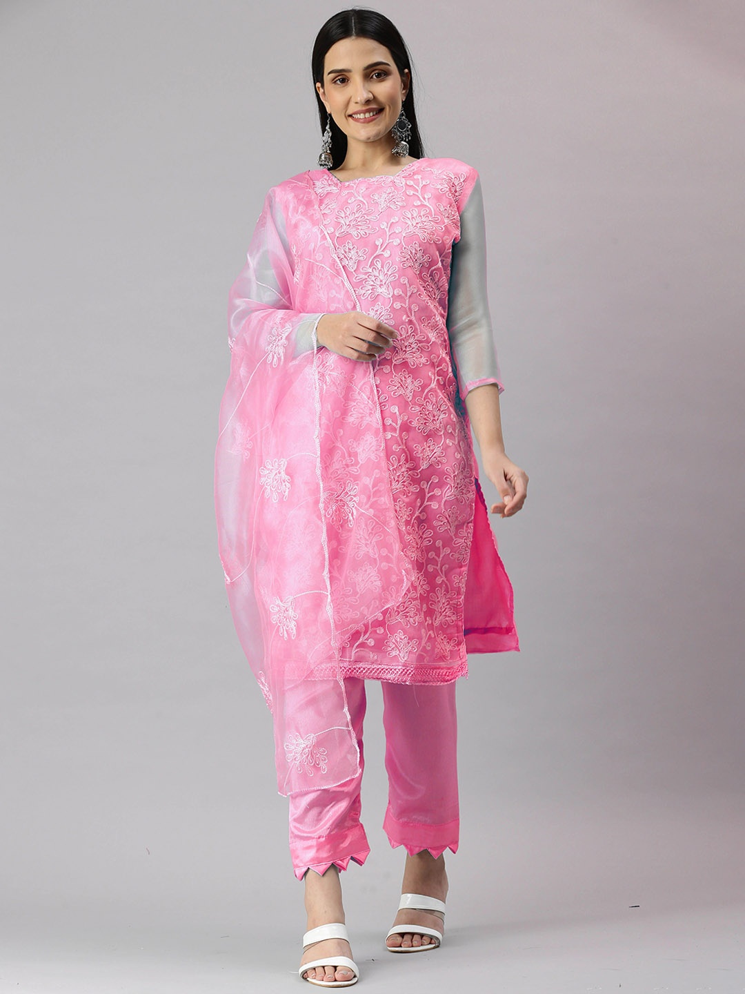 

Maroosh Floral Embroidered Organza Unstitched Dress Material, Pink
