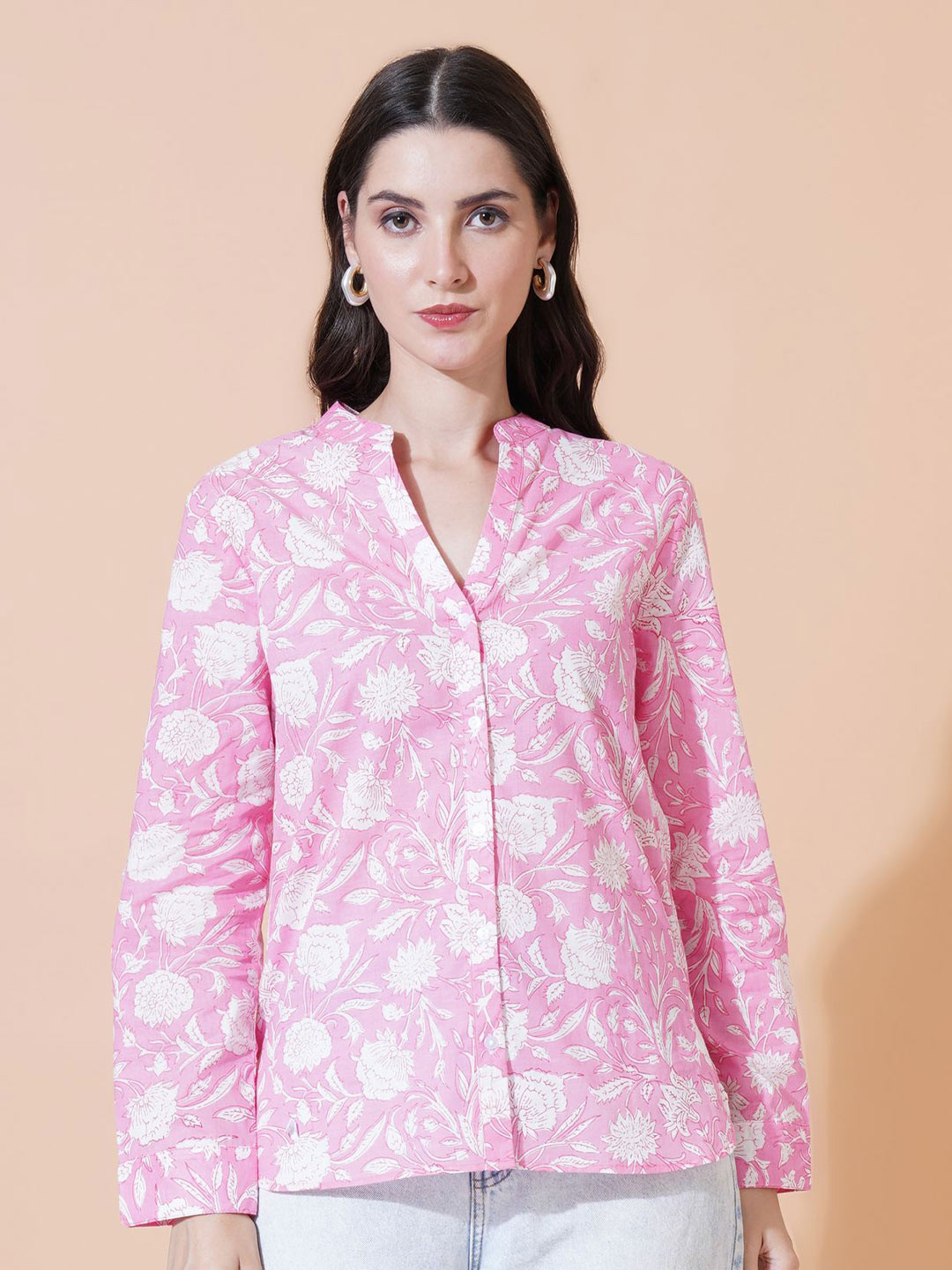 

glitchez Women Floral Printed Mandarin Collar Cotton Shirt Style Top, Pink