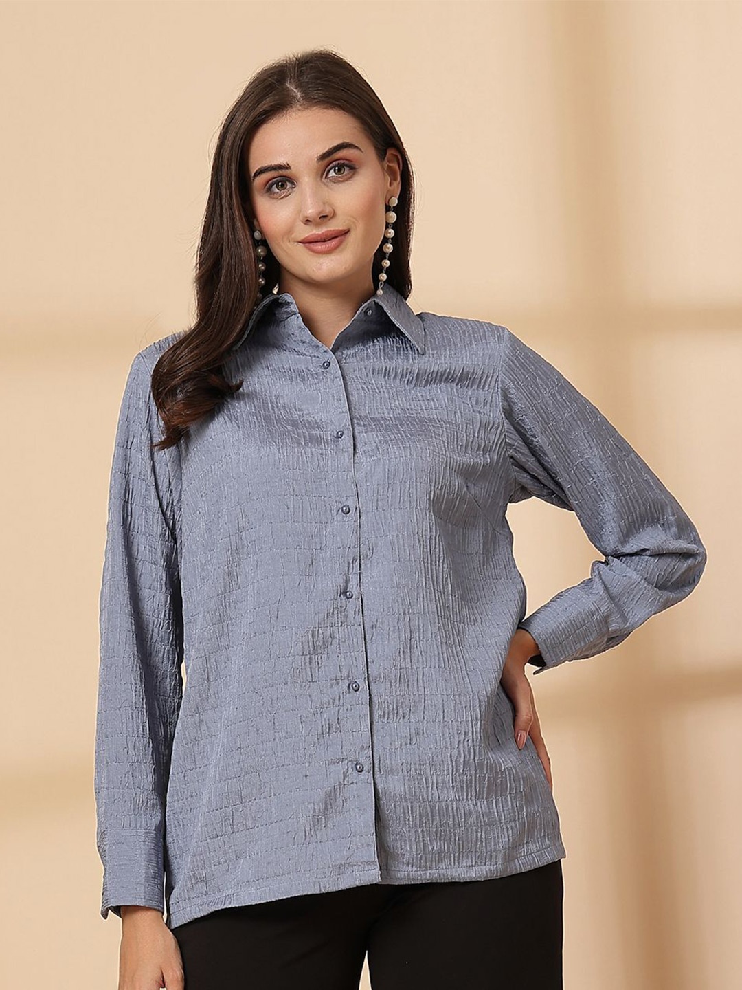 

plusS Women Spread Collar Solid Casual Shirt, Grey