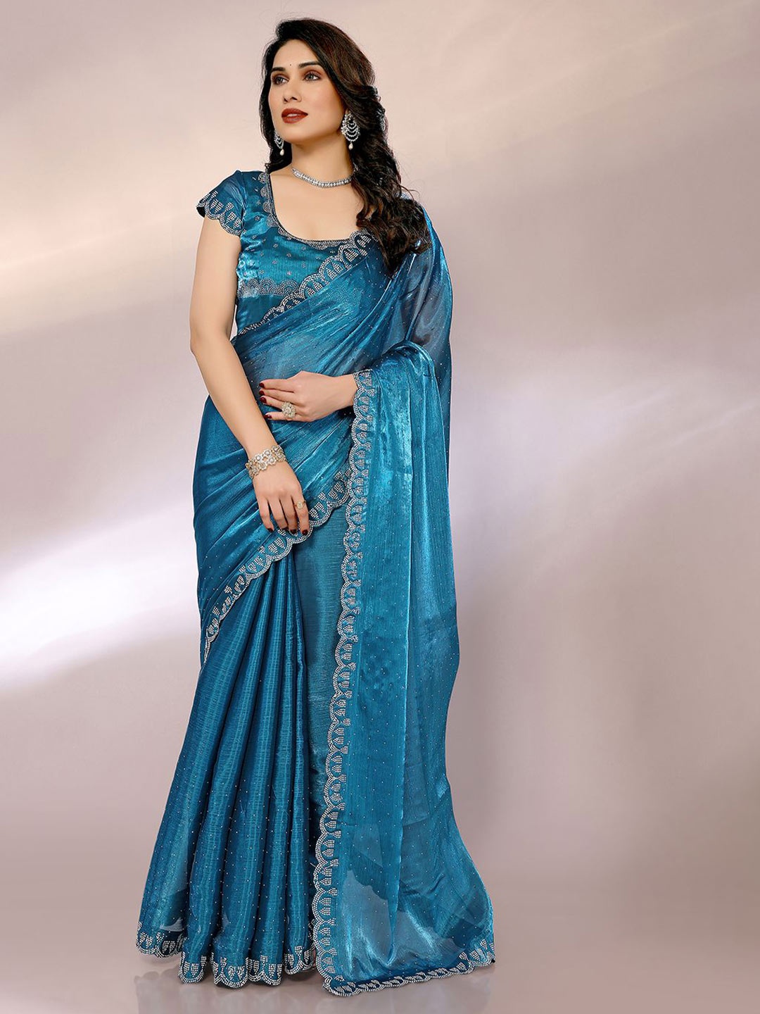 

FABMORA Embellished Beads and Stones Pure Chiffon Saree, Turquoise blue