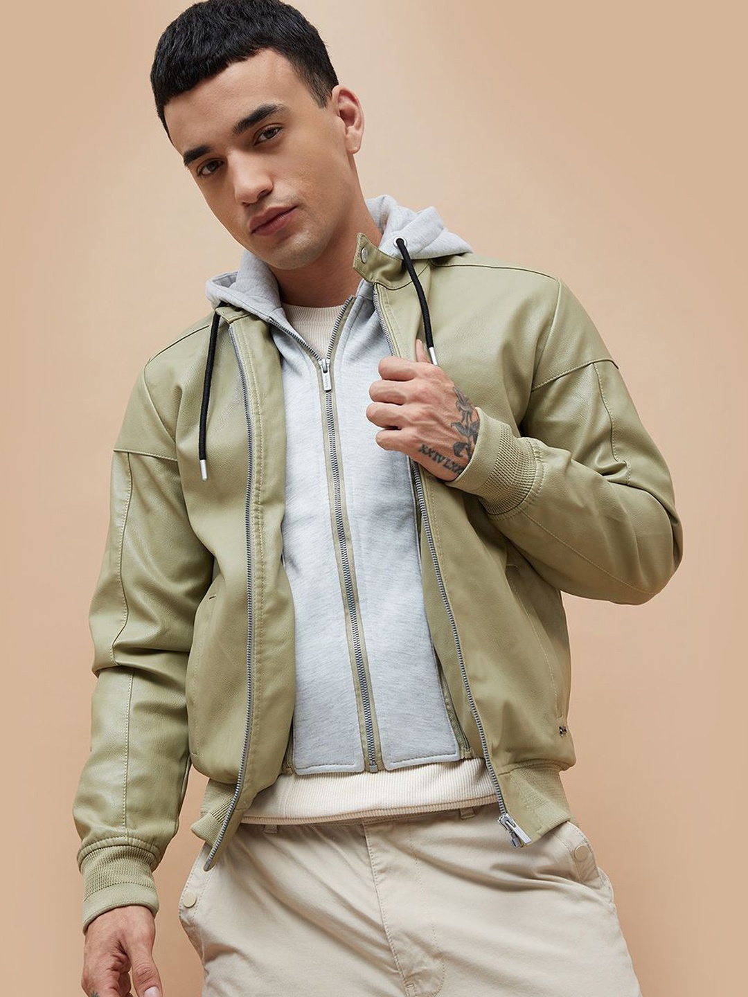 

Bossini Men Hooded Solid Casual Bomber Jacket, Green