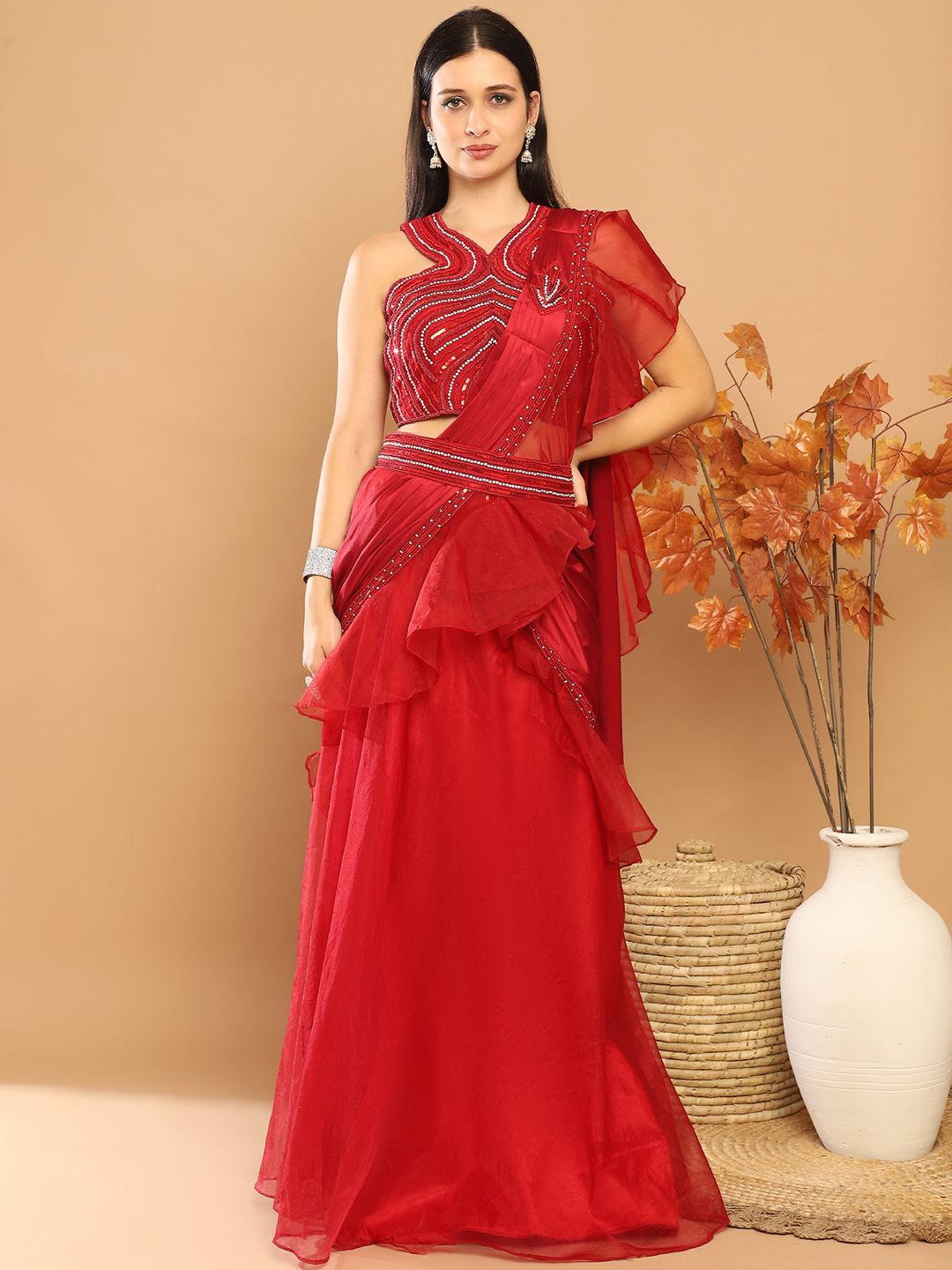 

Mitera Beads and Stones Organza Ready to Wear Saree, Red