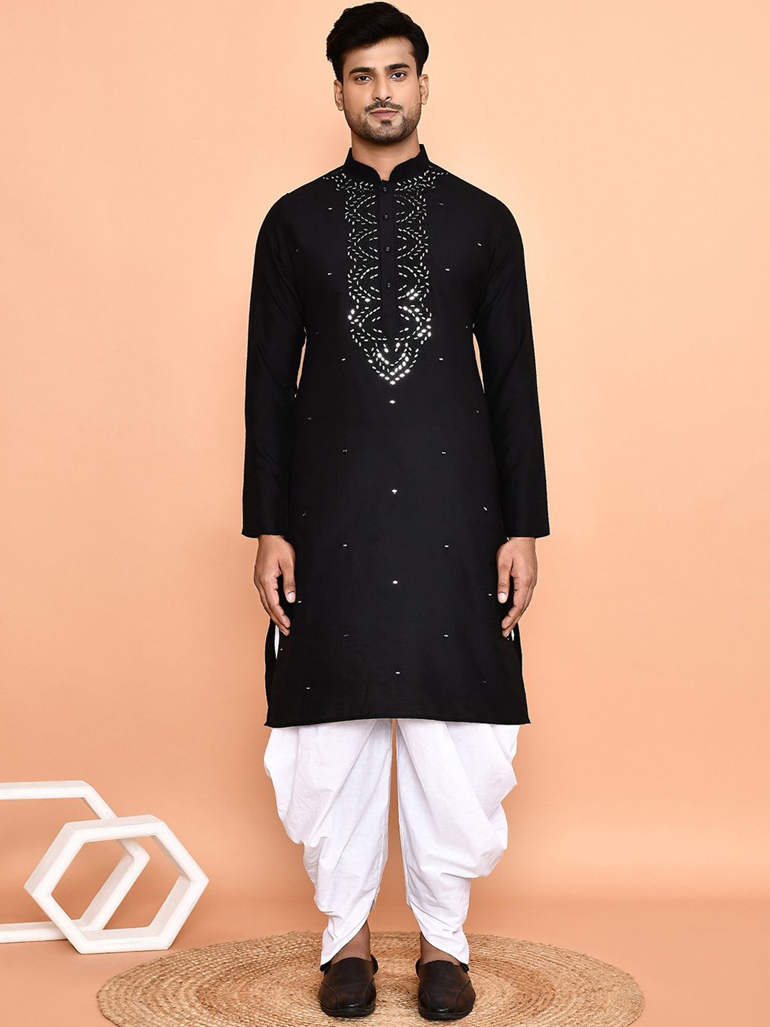 

Arihant Rai Sinha Ethnic Motifs Embroidered Mirror Work Straight Kurta with Dhoti Pant, Black