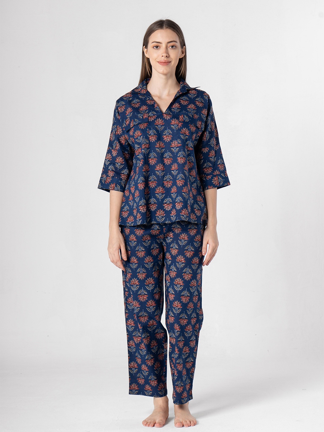 

SANSKRUTIHOMES Women Floral Printed Pure Cotton Night suit, Blue