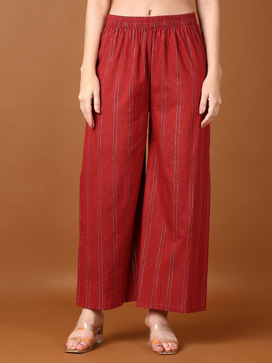 

V-Mart Women Striped Cotton Knitted Ethnic Palazzos, Red