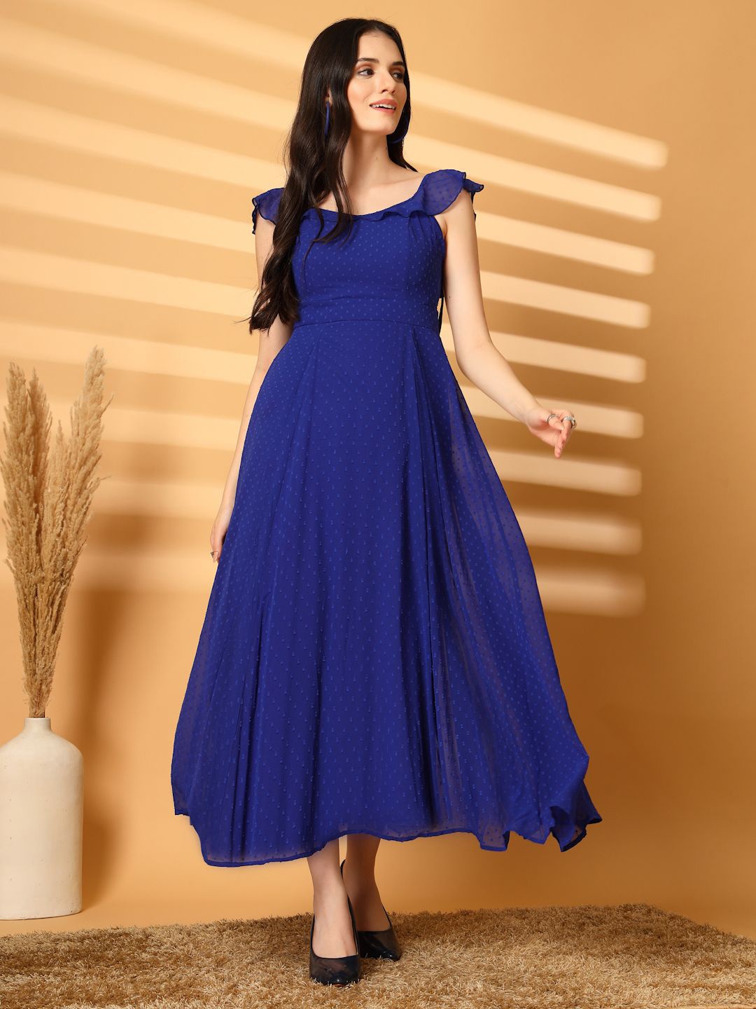 

aayu Georgette Round Neck Flutter Sleeves Fit & Flare Maxi Dress, Blue