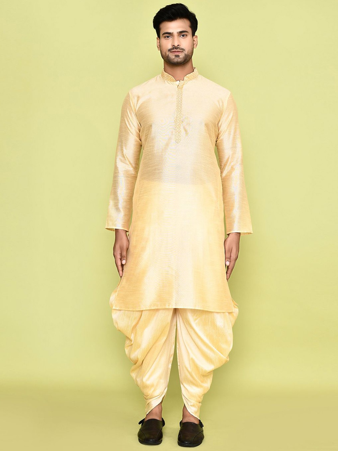 

Arihant Rai Sinha Mandarin Collar Long Sleeves Thread Work Dupion Silk Kurta With Patiala, Beige