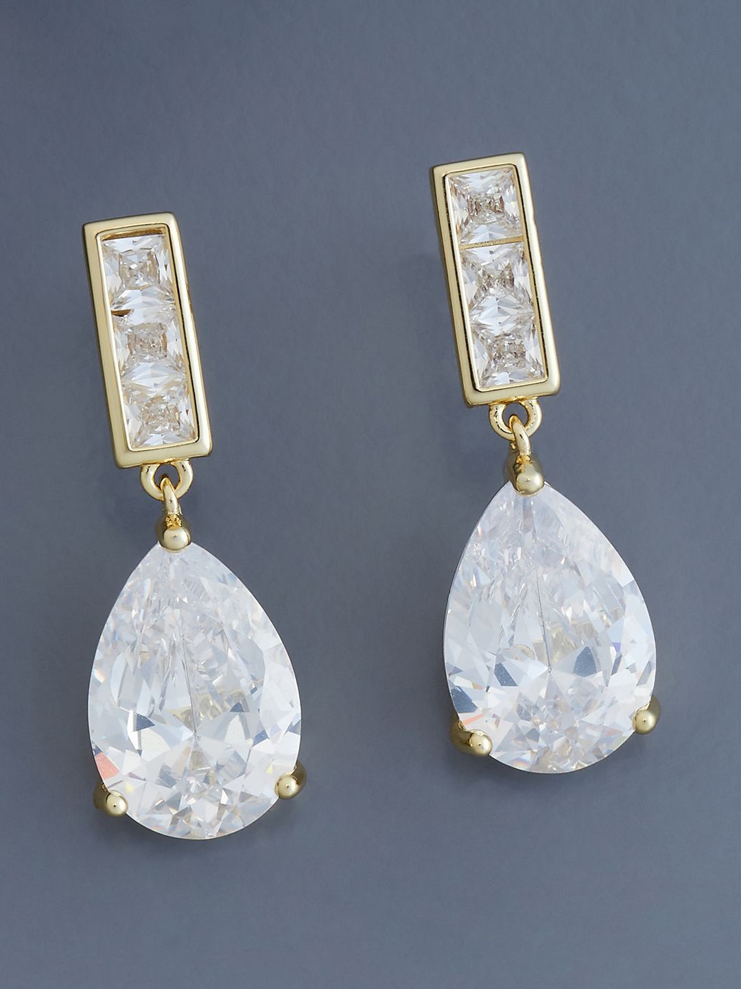 

Kushal's Fashion Jewellery Gold-Plated Teardrop Shaped Cubic Zirconia Drop Earrings