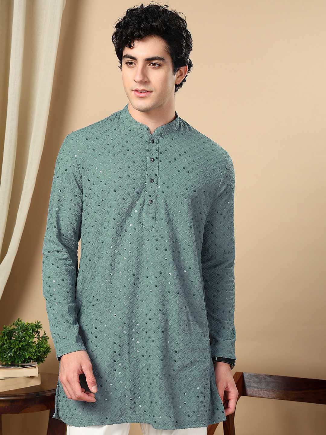 

TATTVA Embroidered Mandarin Collar Sequinned Straight Short Kurta, Grey