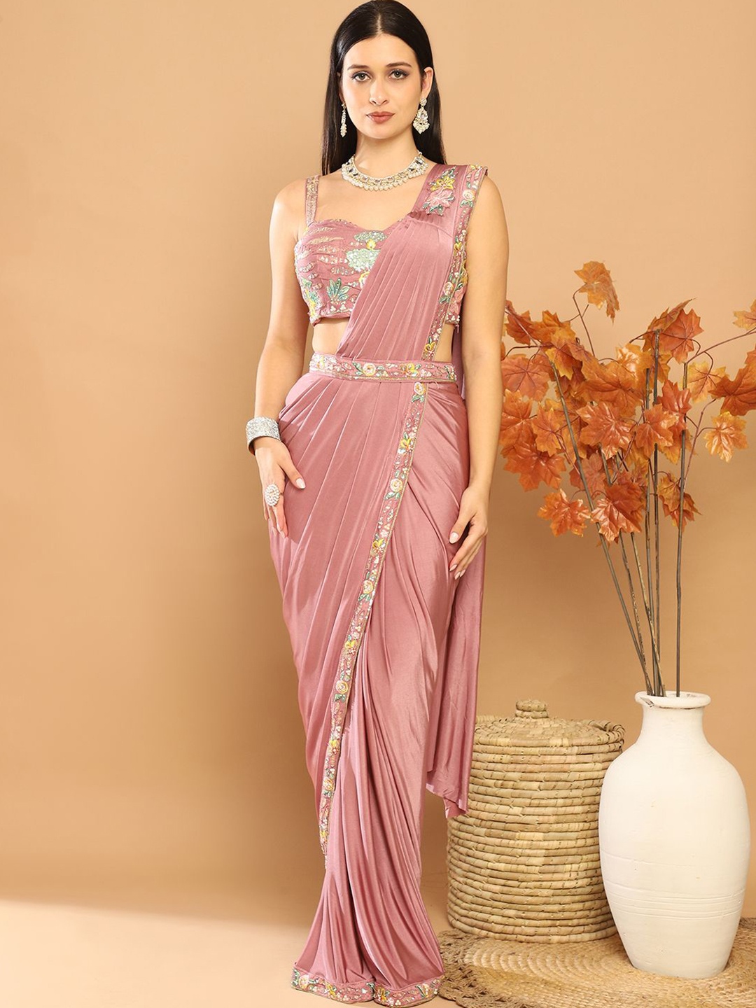 

Mitera Beads and Stones Ready to Wear Saree with Stitched Blouse, Mauve