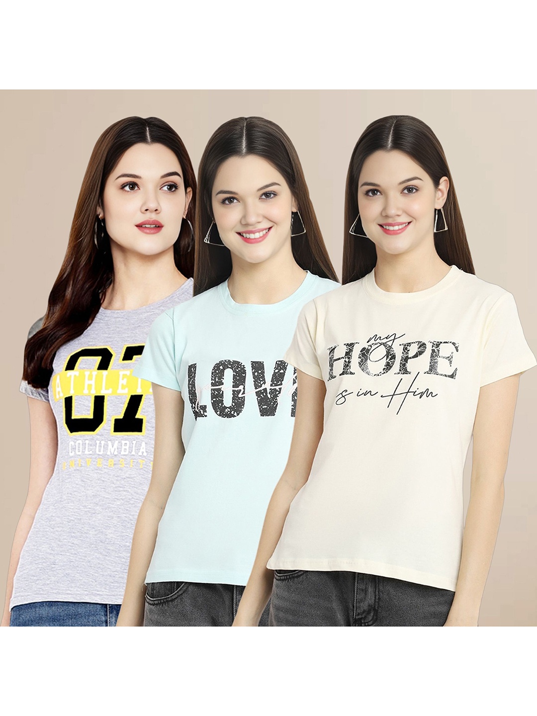 

Metronaut Women Pack Of 3 Typography Printed Round Neck Cotton T-shirts, Grey