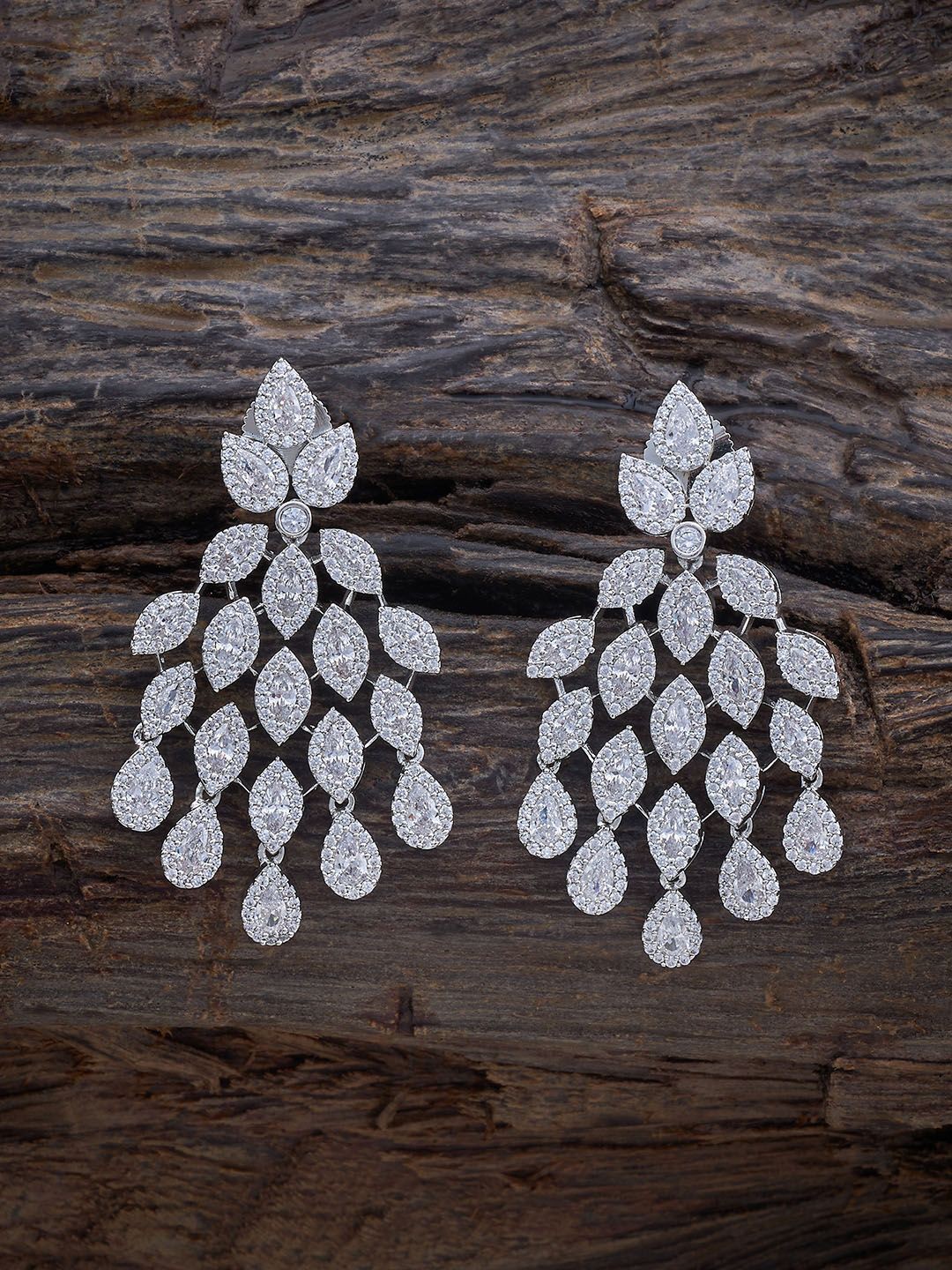 

Kushal's Fashion Jewellery Rhodium-Plated Leaf Shaped Cubic Zirconia Drop Earrings, White
